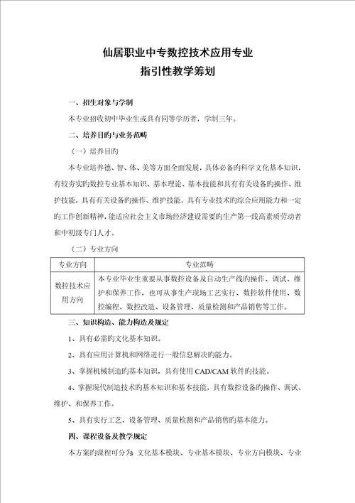 仙居职业中专数控重点技术应用专业指导性教学综合计划