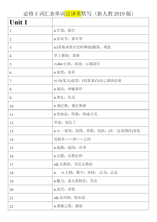 高中英语人教版（2019）必修第三册 词汇表单词汉译英默写.docx