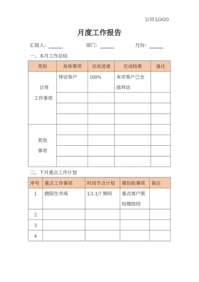 橘色部门月度工作报告word模板