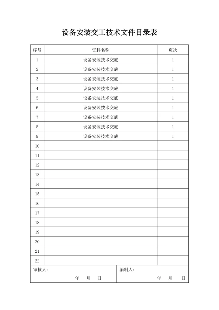 设备安装交工技术文件目录表