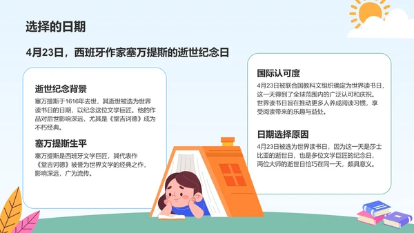 蓝色卡通风世界读书日的由来与意义PPT模板
