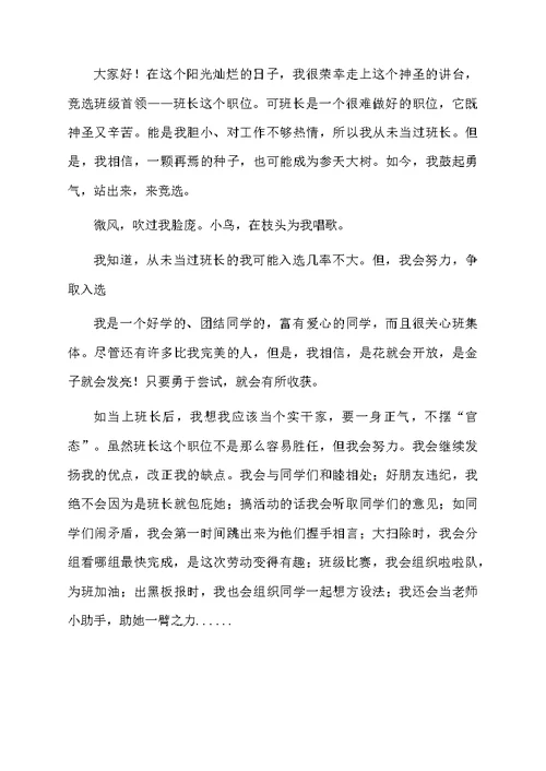 六年级学生竞选班长发言稿