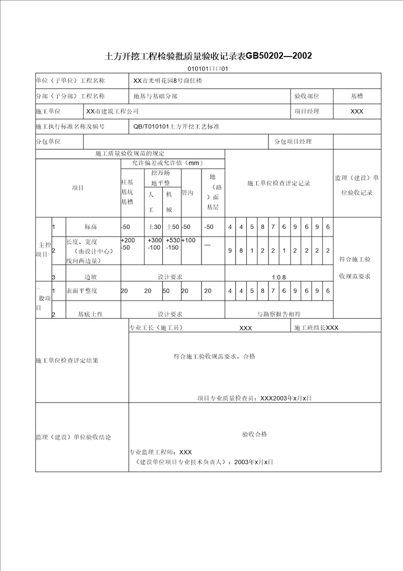 地基基础检验批质量验收记录表