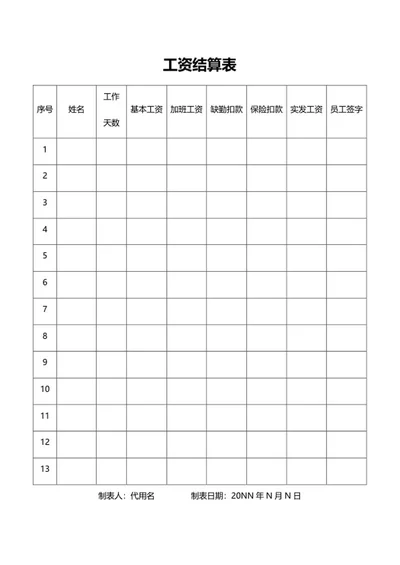 员工工资结算表word模板