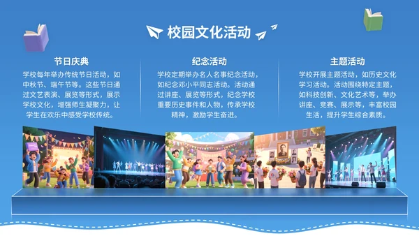 蓝黄色3D立体风9月开学季新生入学教育讲座PPT模版