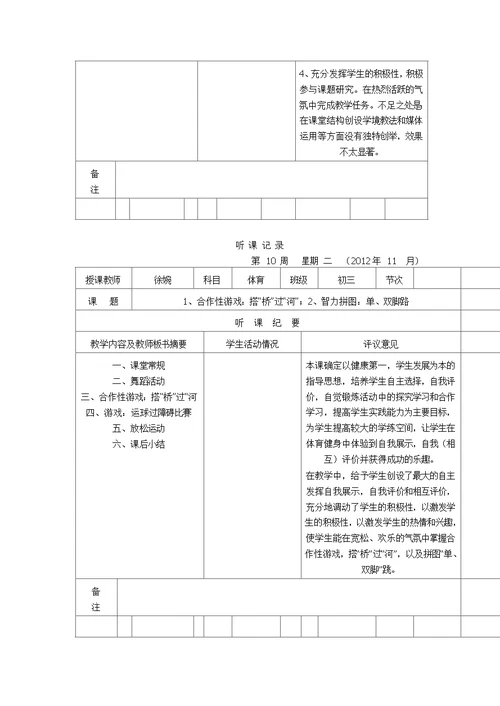 高中体育实习听课记录12篇