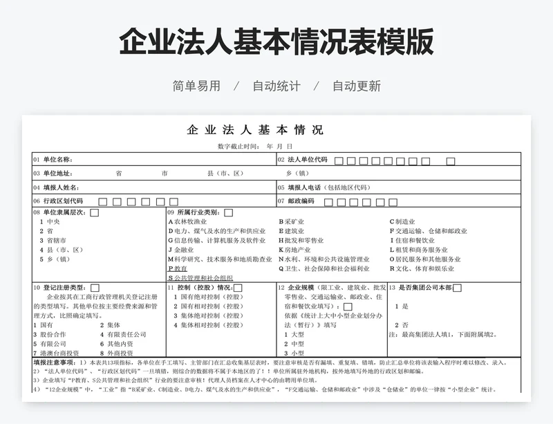 企业法人基本情况表模版