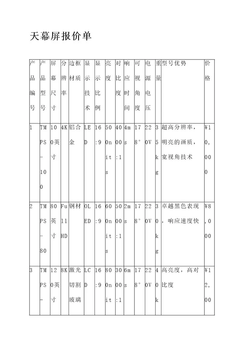 天幕屏报价单
