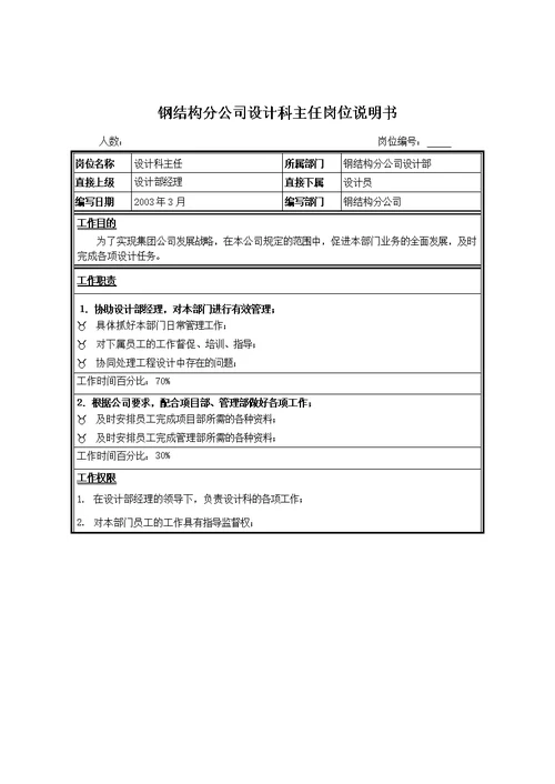 钢结构分公司设计科主任的岗位说明书(Document 2页)