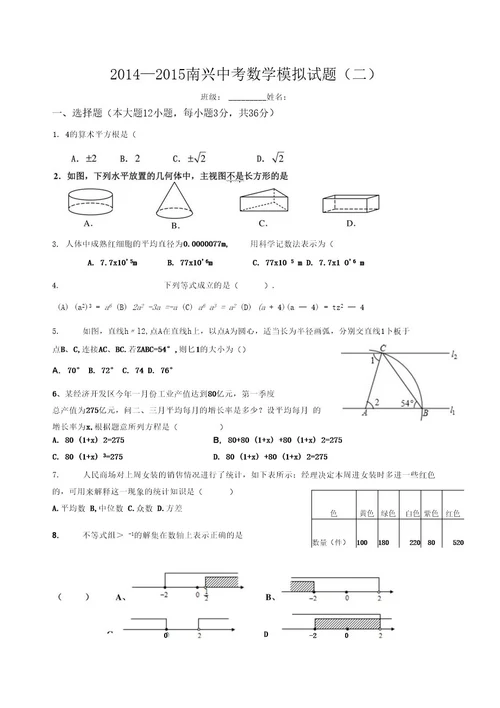 20142015深圳市中考数学模拟试题(八)