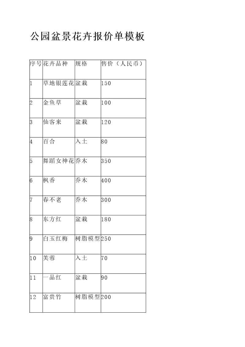 公园盆景花卉报价单