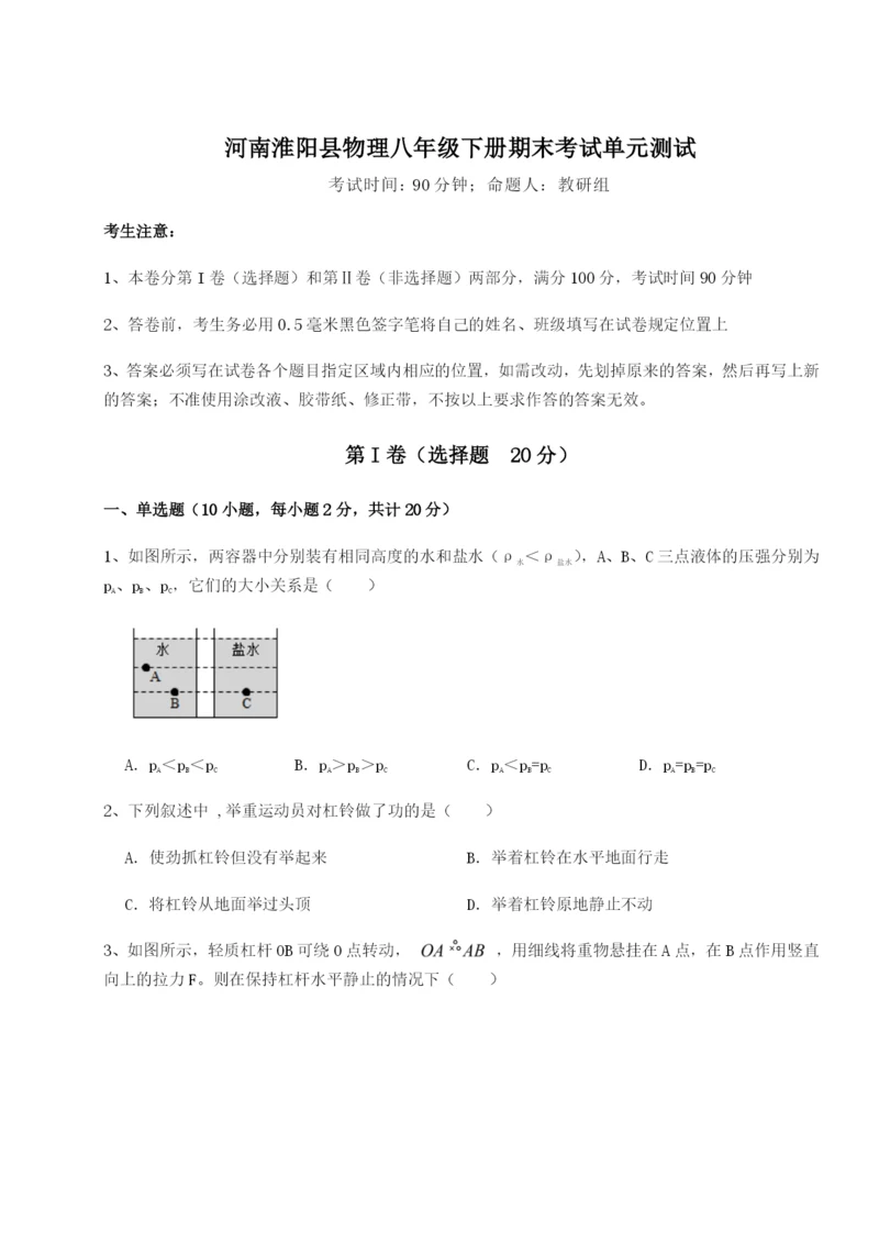 专题对点练习河南淮阳县物理八年级下册期末考试单元测试练习题（含答案详解）.docx