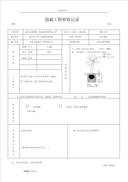 绿化隐蔽工程验收记录文本