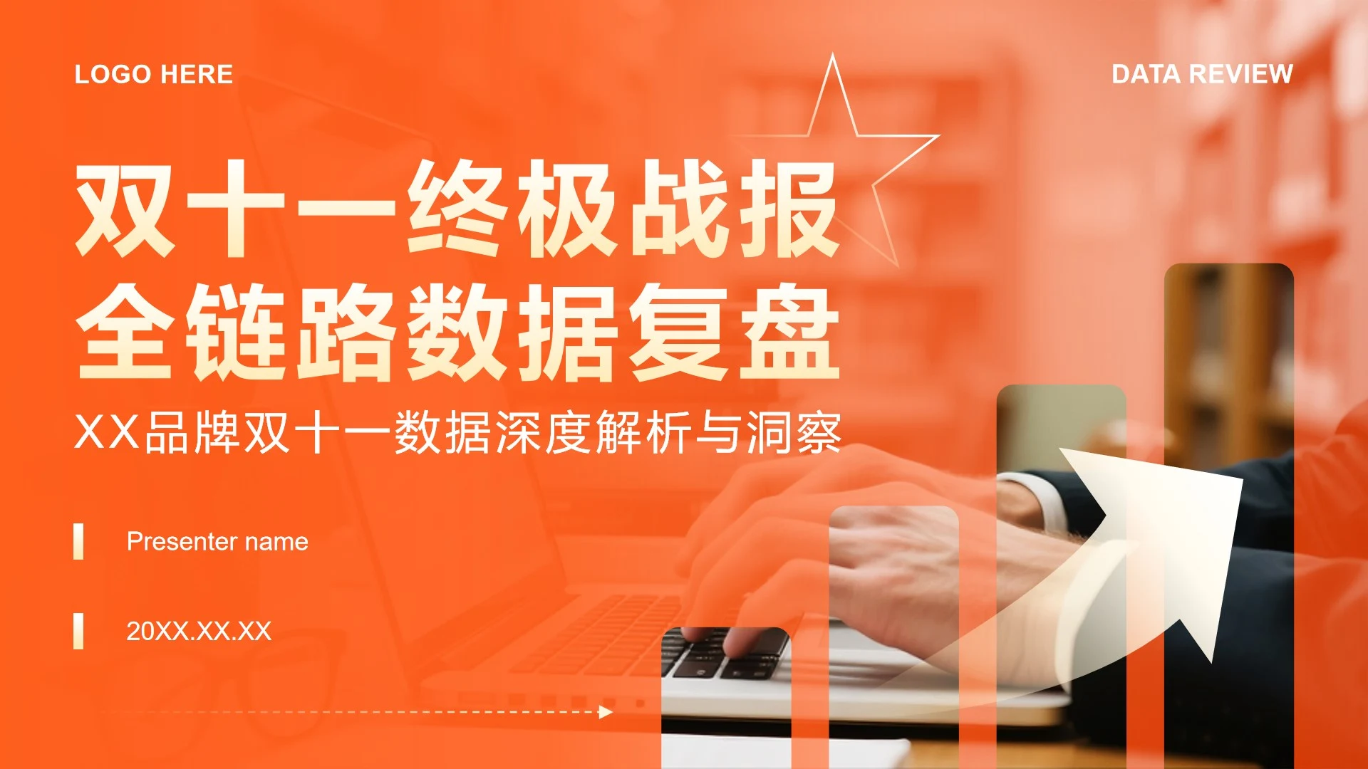 橙色商务风双十一电商战报全链路数据复盘PPT模板