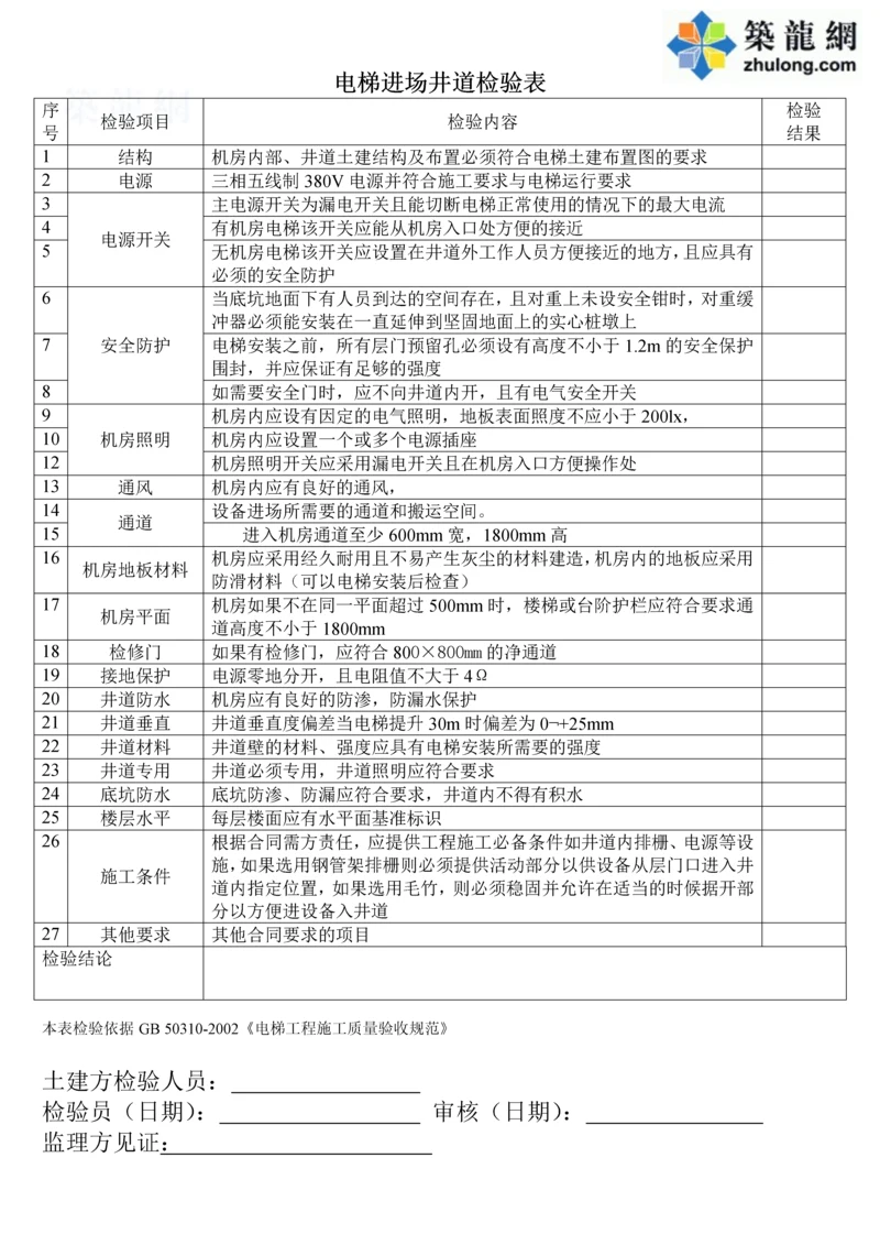 电梯进场井道检验表.docx