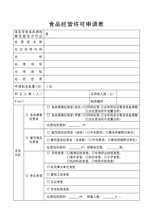 食品经营许可申请表 (新)