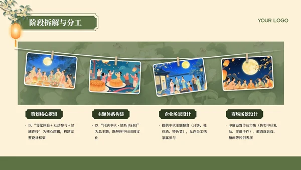 黄绿色国风插画中秋节活动策划PPT模板