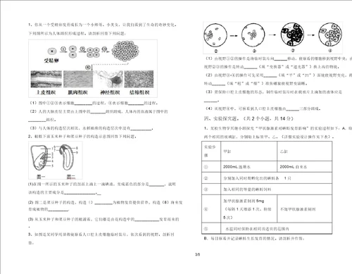 苏科版七年级生物上册期末试卷及答案A4打印版20220208130620