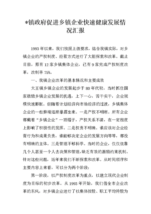 XX镇政府促进乡镇企业快速健康发展情况汇报