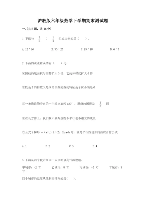 沪教版六年级数学下学期期末测试题附参考答案【培优】.docx