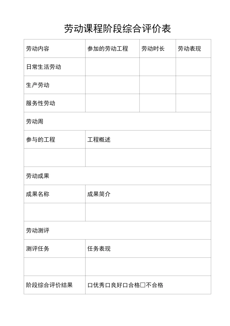 学生劳动课程阶段综合评价表(学校义务教育劳动课表格资料).docx