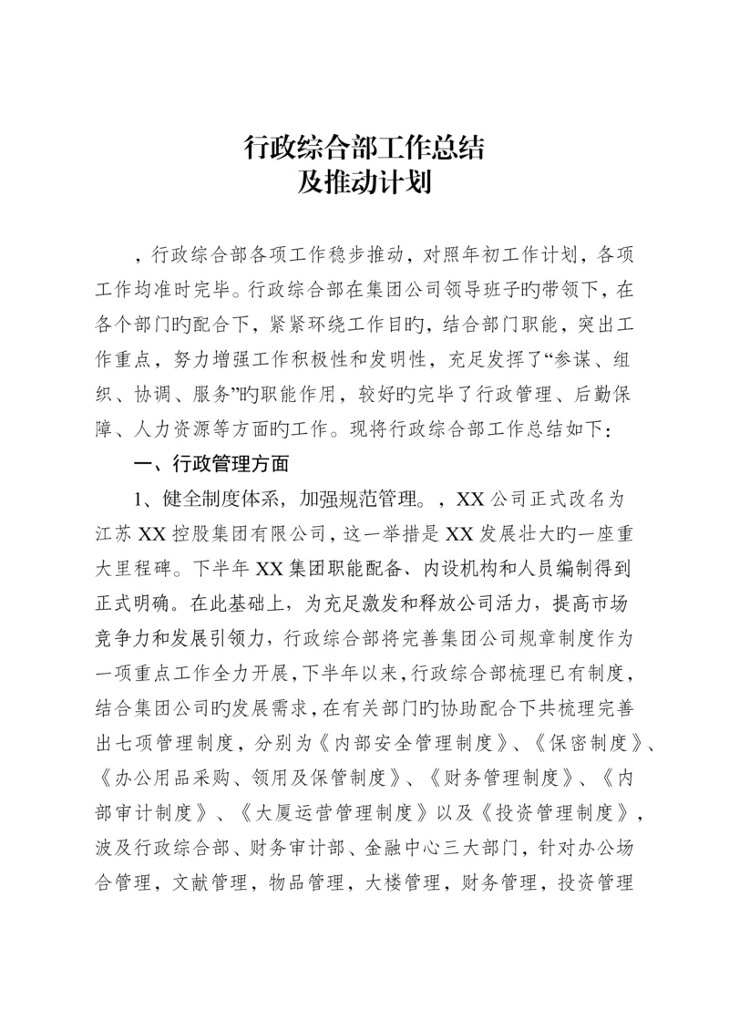 行政综合部工作总结及推进计划.docx