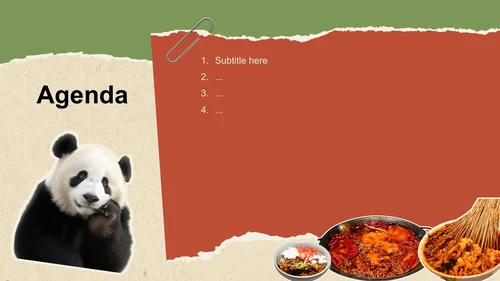 红色撕纸风成都美食与熊猫之旅旅行攻略PPT主题