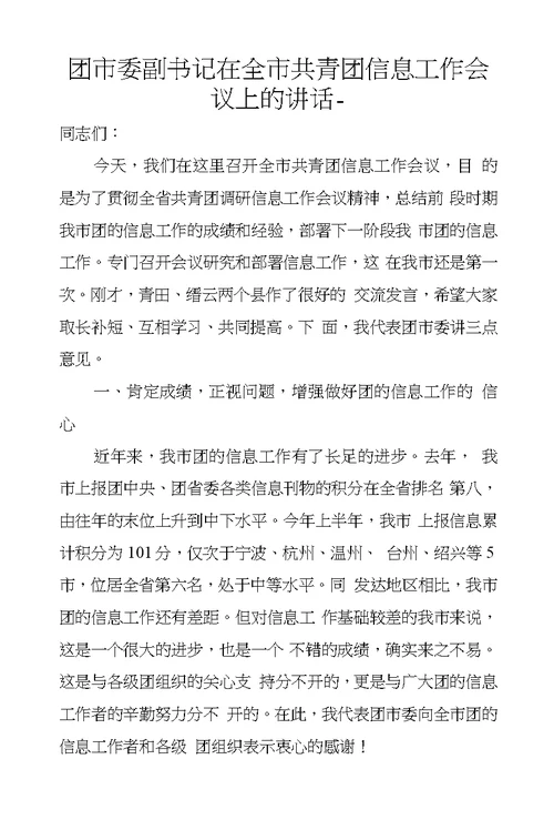 团市委副书记在全市共青团信息工作会议上的讲话-