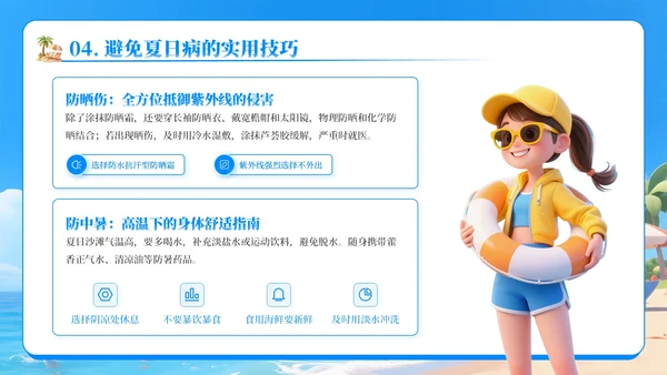 蓝色卡通3D风沙滩踏浪，夏日出游PPT模板