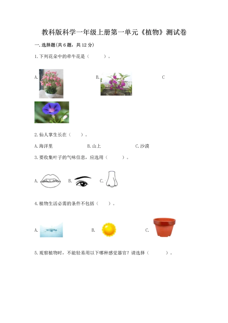 教科版科学一年级上册第一单元《植物》测试卷（实验班）.docx