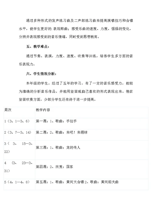 新花城版六年级音乐下册教学计划