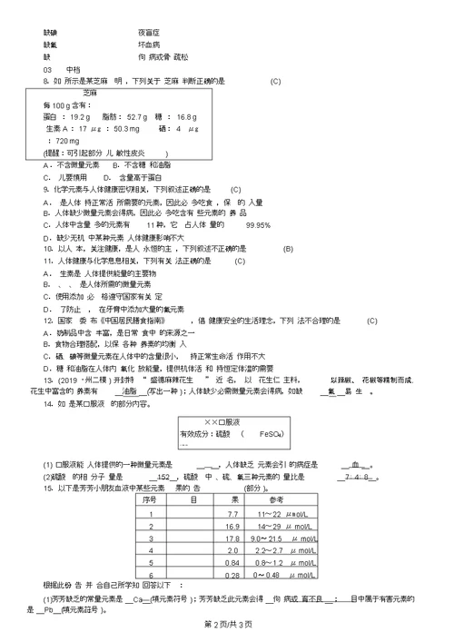 九年级化学(河南,人教)习题：第十二单元课题2化学元素与人体健康