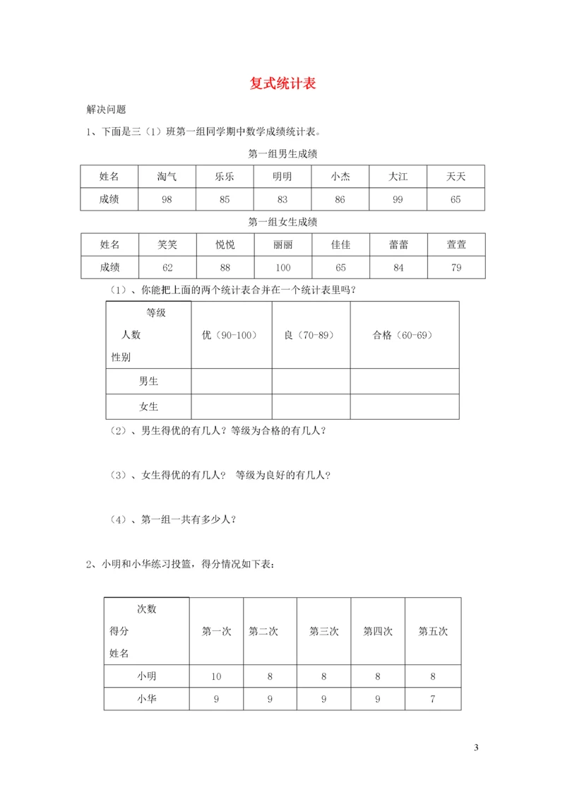 三年级数学下册 3《复式统计表》习题（无答案） 新人教版.docx