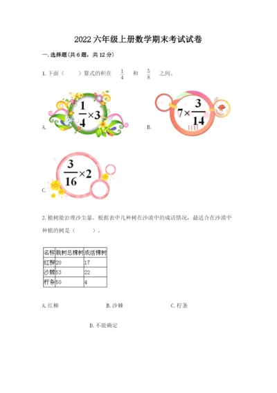 2022六年级上册数学期末考试试卷（轻巧夺冠）.docx