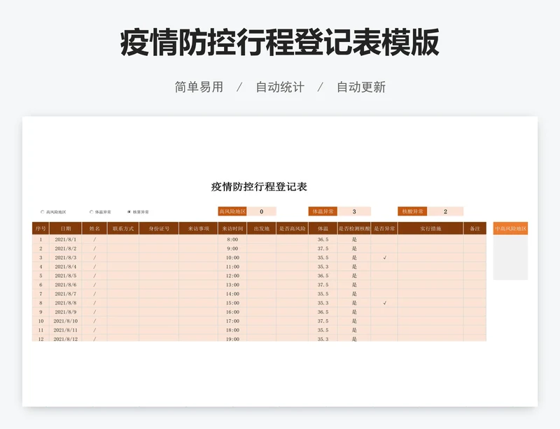 疫情防控行程登记表模版