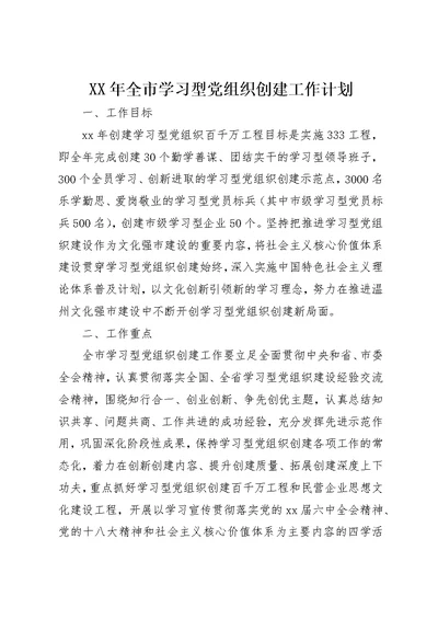 某年全市学习型党组织创建工作计划