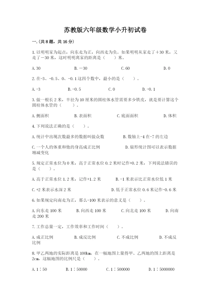 苏教版六年级数学小升初试卷【网校专用】.docx