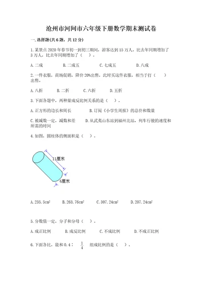 沧州市河间市六年级下册数学期末测试卷学生专用