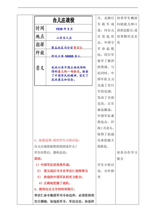 初中历史人教部编版八年级上册《第20课正面战场的抗战》教材教案