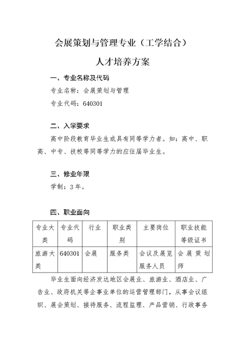 会展策划与管理专业工学结合人才培养方案