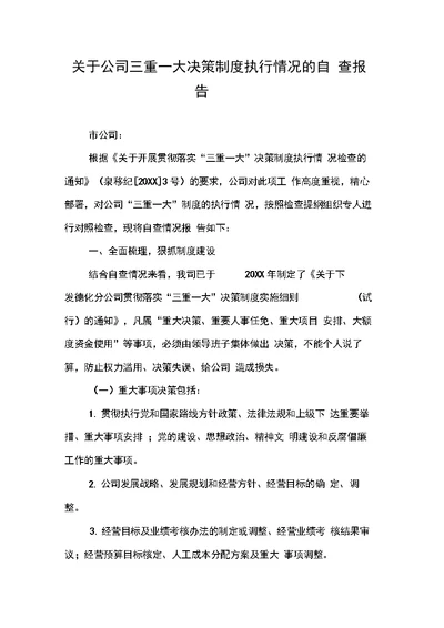 关于公司三重一大决策制度执行情况的自查报告