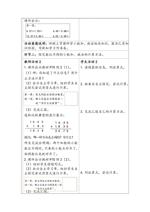 大单元教学【核心素养目标】6.2  小数加减法（2）（表格式）教学设计 人教版四年级下册