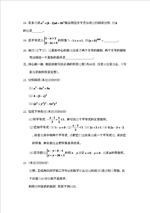 淄博市淄川区第二学期初二期末考试初中数学