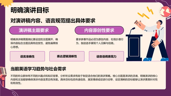 紫色插画风英语演讲比赛选题技巧PPT模板
