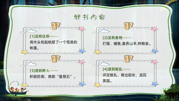 绿色卡通追寻漂流的意义鲁宾逊漂流记PPT模板宣传PPT动读读书分享