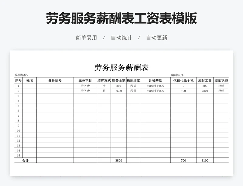 劳务服务薪酬表工资表模版