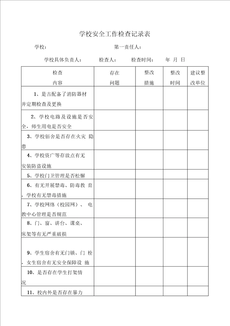 学校安全工作检查记录表