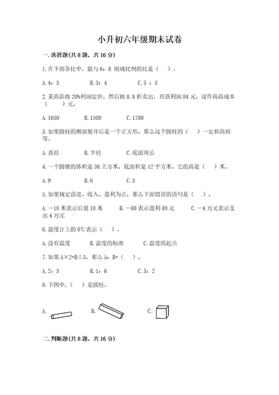 小升初六年级期末试卷附答案（模拟题）