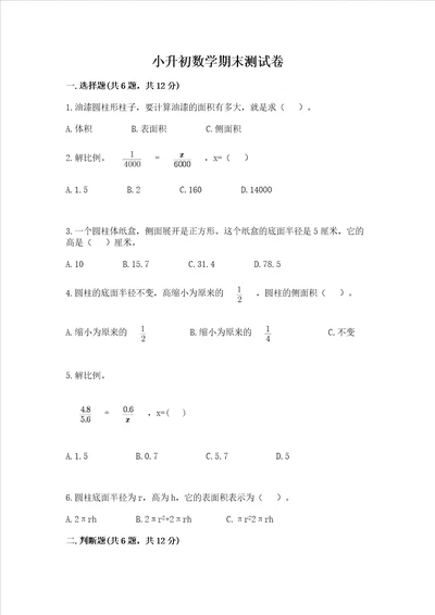 小升初数学期末测试卷必考