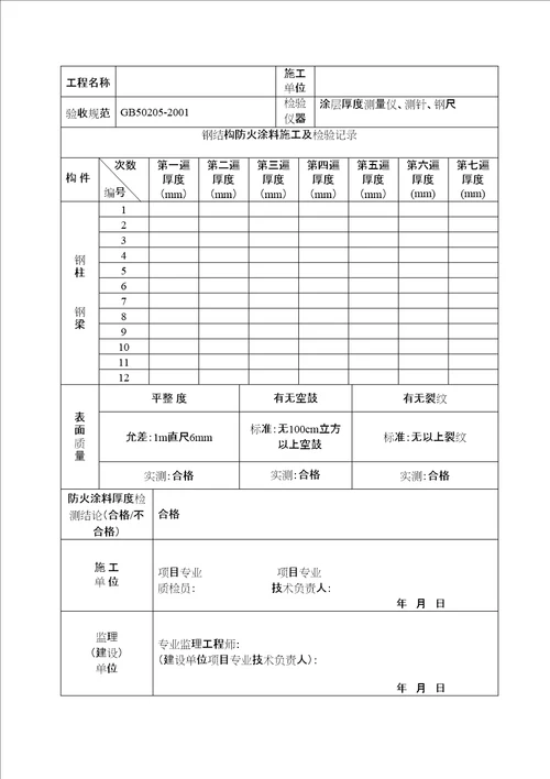 钢结构防火涂料喷涂施工检验记录修订稿